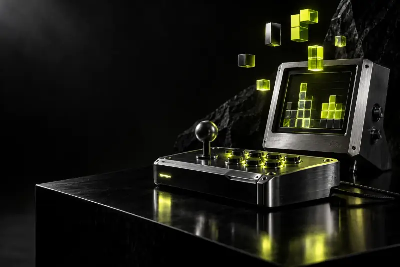 Black arcade controller and luminous lime blocks — category artwork